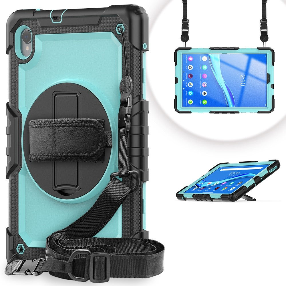 For Lenovo M10 Plus / Smart Tab M10 FHD Plus Silicone+PC Tablet Case Hand Strap Kickstand Shockproof Cover with Shoulder Strap - Cyan PC / Black