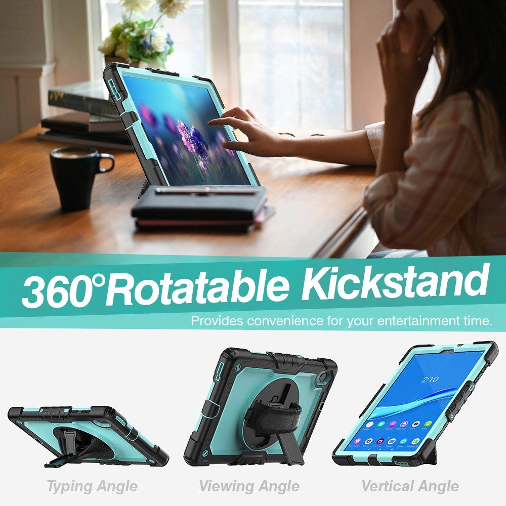 For Lenovo M10 Plus / Smart Tab M10 FHD Plus Silicone+PC Tablet Case Hand Strap Kickstand Shockproof Cover with Shoulder Strap - Cyan PC / Black