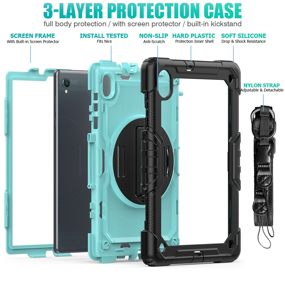For Lenovo M10 Plus / Smart Tab M10 FHD Plus Silicone+PC Tablet Case Hand Strap Kickstand Shockproof Cover with Shoulder Strap - Cyan PC / Black