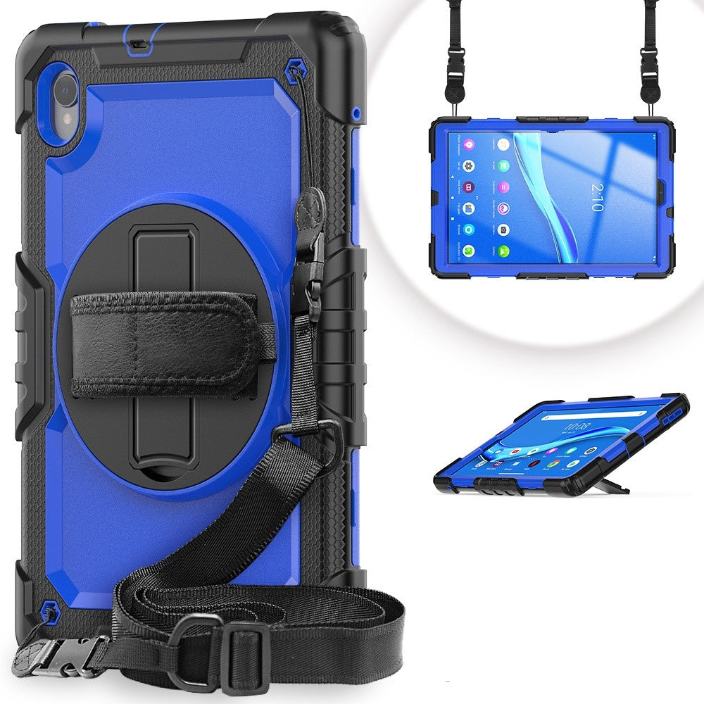 For Lenovo M10 Plus / Smart Tab M10 FHD Plus Silicone+PC Tablet Case Hand Strap Kickstand Shockproof Cover with Shoulder Strap - Blue PC / Black