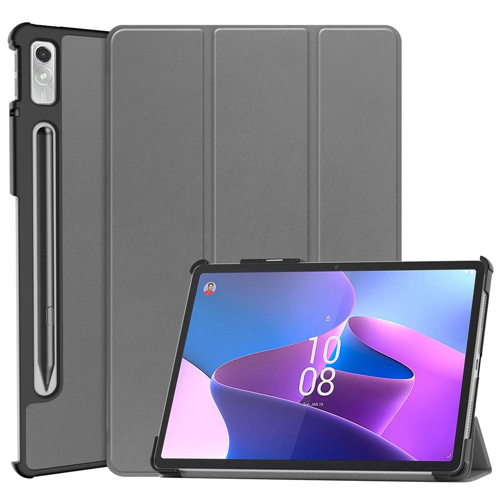 For Lenovo Tab P11 Pro Gen 2 Tri-fold Stand PU Leather Tablet Case Auto Wake / Sleep Function Drop-proof Cover - Grey
