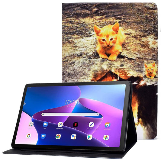 For Lenovo M10 FHD REL / Tab M10 Plus TB-X606F Pattern Printing Tablet Case Card Holder PU Leather Stand Cover - Cat and Lion