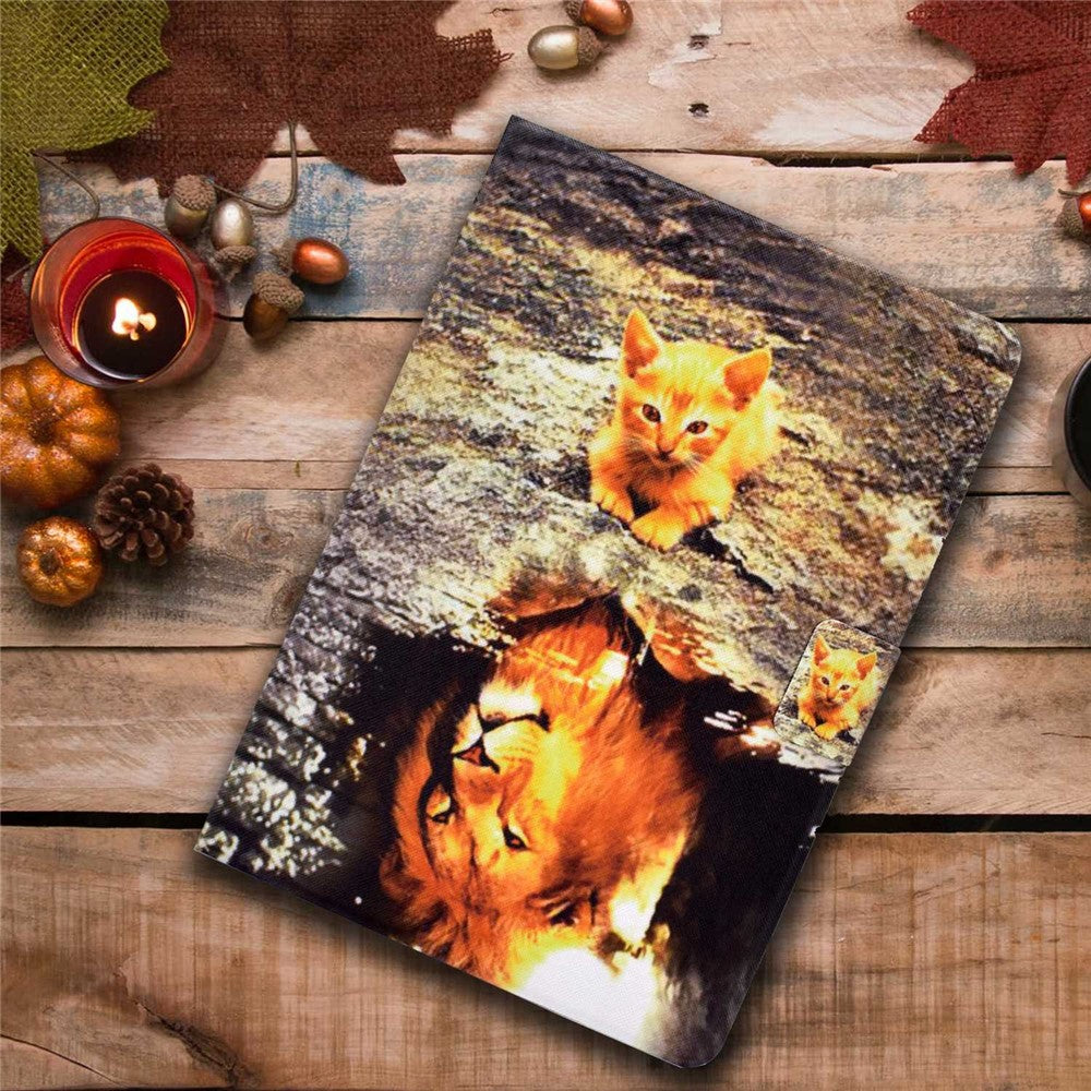 For Lenovo M10 FHD REL / Tab M10 Plus TB-X606F Pattern Printing Tablet Case Card Holder PU Leather Stand Cover - Cat and Lion