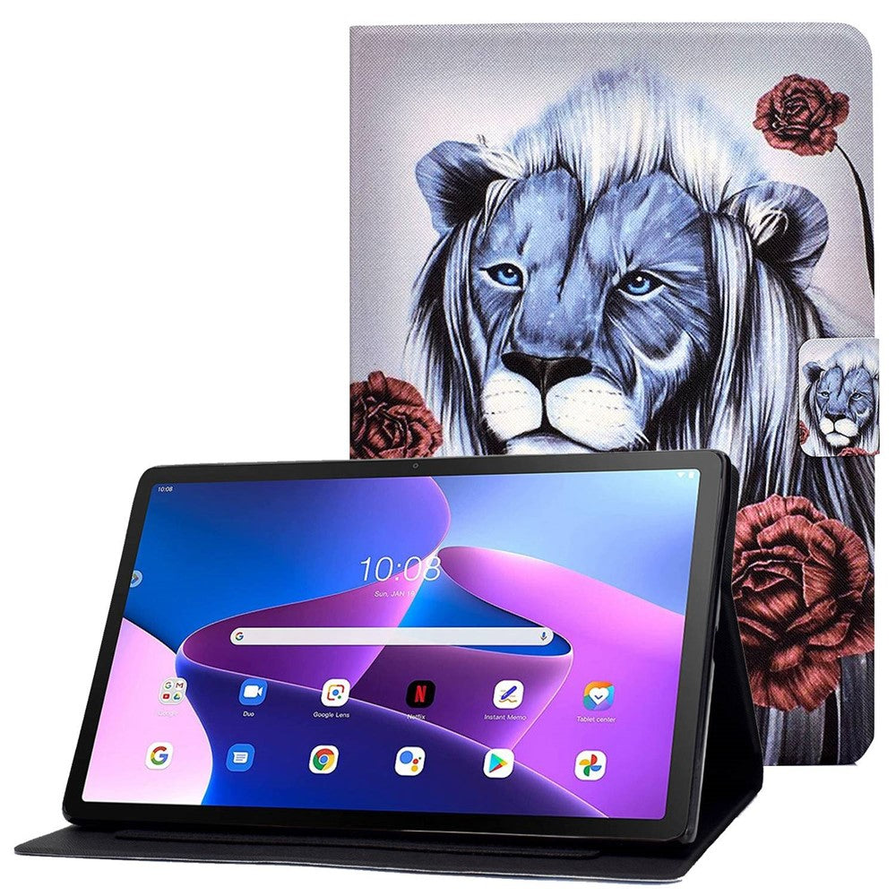 For Lenovo M10 FHD REL / Tab M10 Plus TB-X606F Pattern Printing Tablet Case Card Holder PU Leather Stand Cover - Rose and Lion