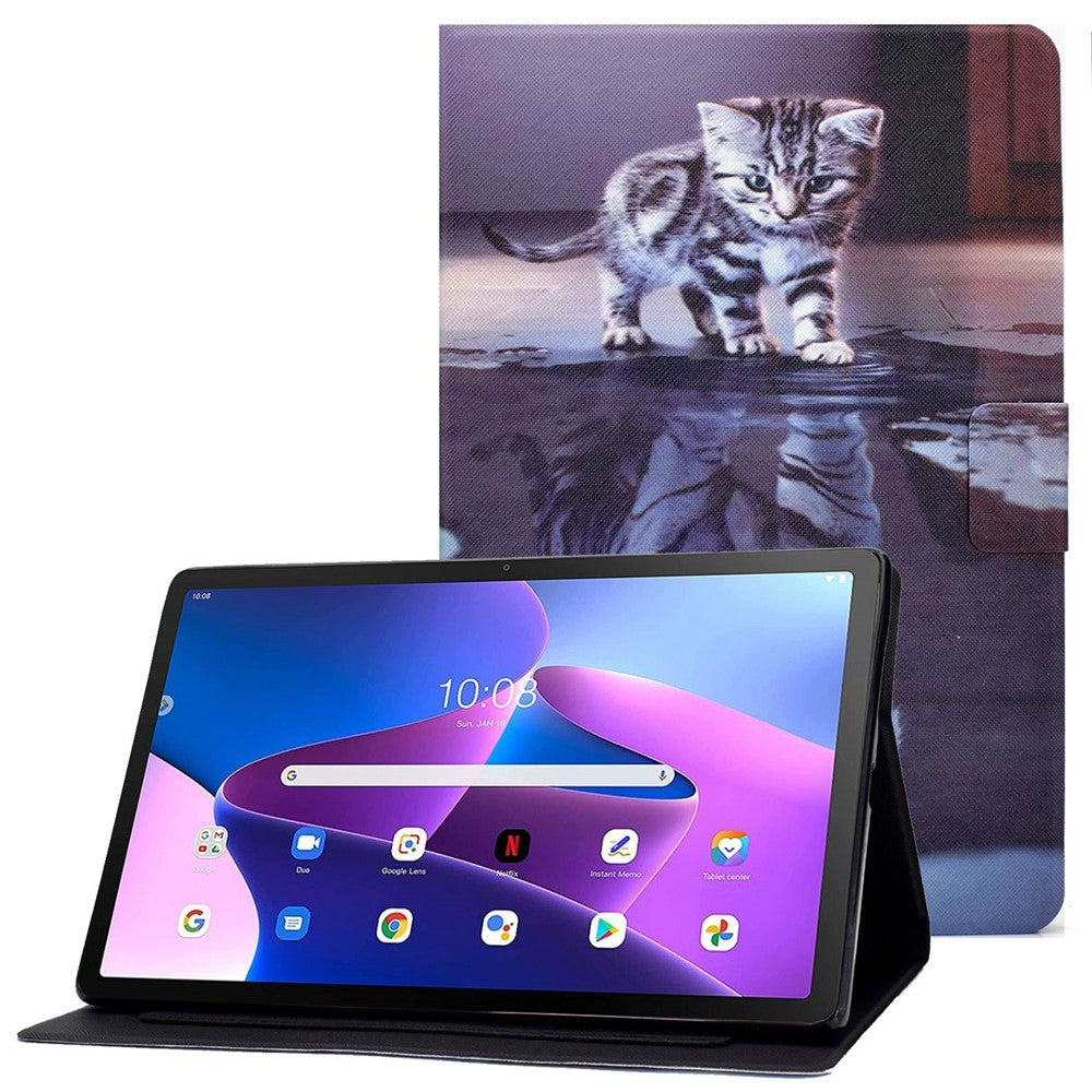 For Lenovo M10 FHD REL / Tab M10 Plus TB-X606F Pattern Printing Tablet Case Card Holder PU Leather Stand Cover - Cat and Tiger