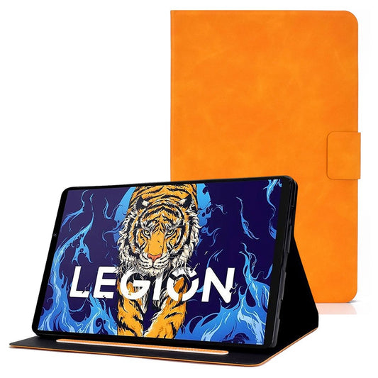 For Lenovo Legion Y700 TB-9707F Anti-Drop Tablet Case Cowhide Texture PU Leather Folio Flip Cover Well-Protection Stand Case with Card Holder - Orange