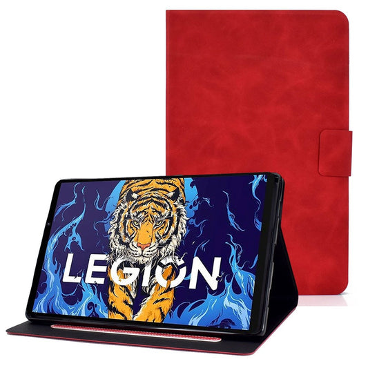 For Lenovo Legion Y700 TB-9707F Anti-Drop Tablet Case Cowhide Texture PU Leather Folio Flip Cover Well-Protection Stand Case with Card Holder - Red