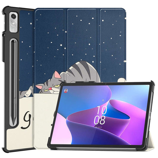 For Lenovo Tab P11 Pro Gen 2 Tri-Fold Stand Tablet Case Pattern Printing PU Leather Auto Wake / Sleep Cover with Pencil Holder - Cat