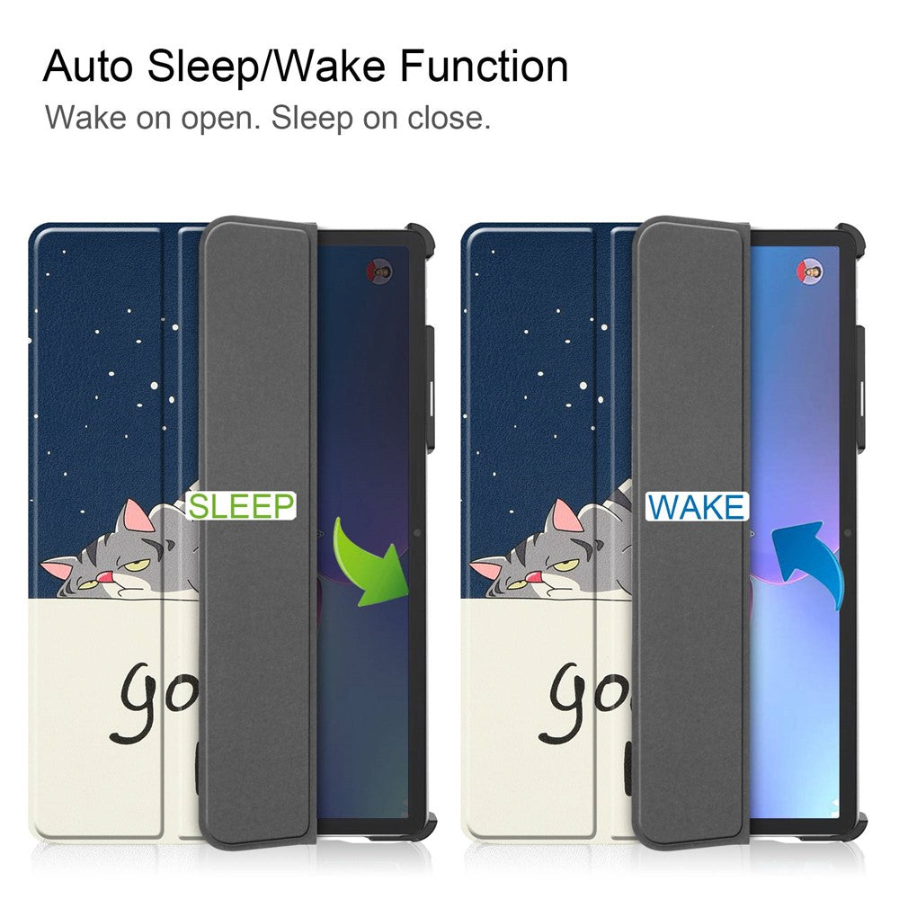For Lenovo Tab P11 Pro Gen 2 Tri-Fold Stand Tablet Case Pattern Printing PU Leather Auto Wake / Sleep Cover with Pencil Holder - Cat