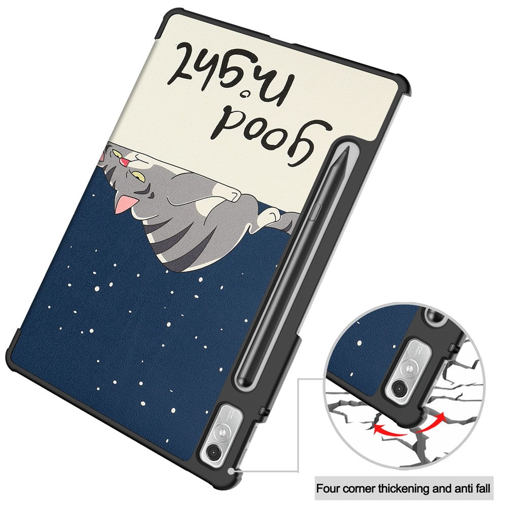 For Lenovo Tab P11 Pro Gen 2 Tri-Fold Stand Tablet Case Pattern Printing PU Leather Auto Wake / Sleep Cover with Pencil Holder - Cat
