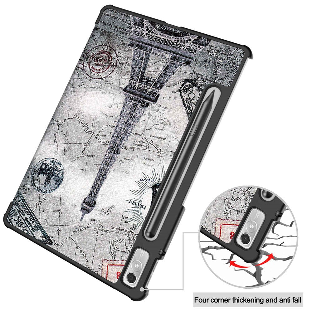 For Lenovo Tab P11 Pro Gen 2 Tri-Fold Stand Tablet Case Pattern Printing PU Leather Auto Wake / Sleep Cover with Pencil Holder - Vintage Tower