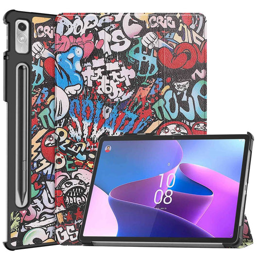 For Lenovo Tab P11 Pro Gen 2 Tri-Fold Stand Tablet Case Pattern Printing PU Leather Auto Wake / Sleep Cover with Pencil Holder - Graffiti