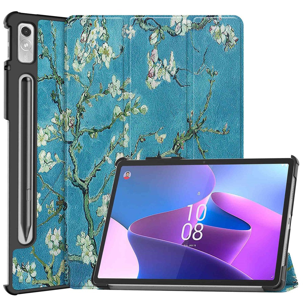 For Lenovo Tab P11 Pro Gen 2 Tri-Fold Stand Tablet Case Pattern Printing PU Leather Auto Wake / Sleep Cover with Pencil Holder - Apricot Blossom