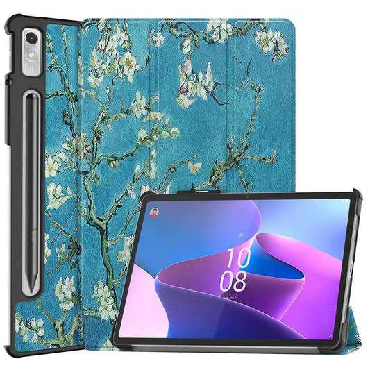 For Lenovo Tab P11 Pro Gen 2 Tri-Fold Stand Tablet Case Pattern Printing PU Leather Auto Wake / Sleep Cover with Pencil Holder - Apricot Blossom