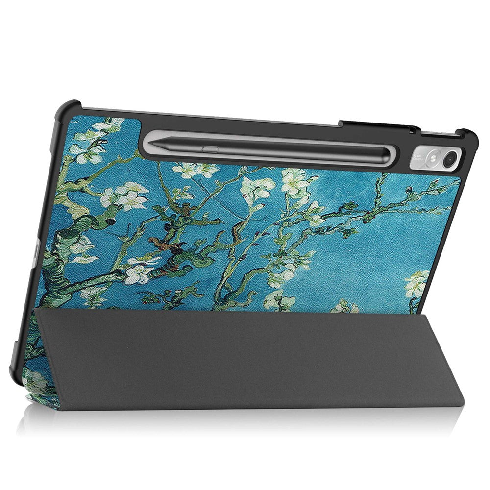For Lenovo Tab P11 Pro Gen 2 Tri-Fold Stand Tablet Case Pattern Printing PU Leather Auto Wake / Sleep Cover with Pencil Holder - Apricot Blossom
