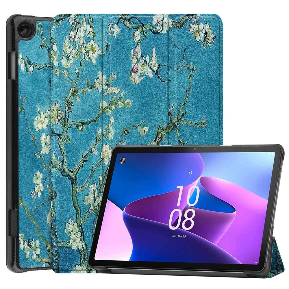 For Lenovo Tab M10 (Gen 3) TB-328FU / TB-328XU Pattern Printing Tablet Case PU Leather Trifold Stand Cover with Auto Wake / Sleep - Apricot Blossom