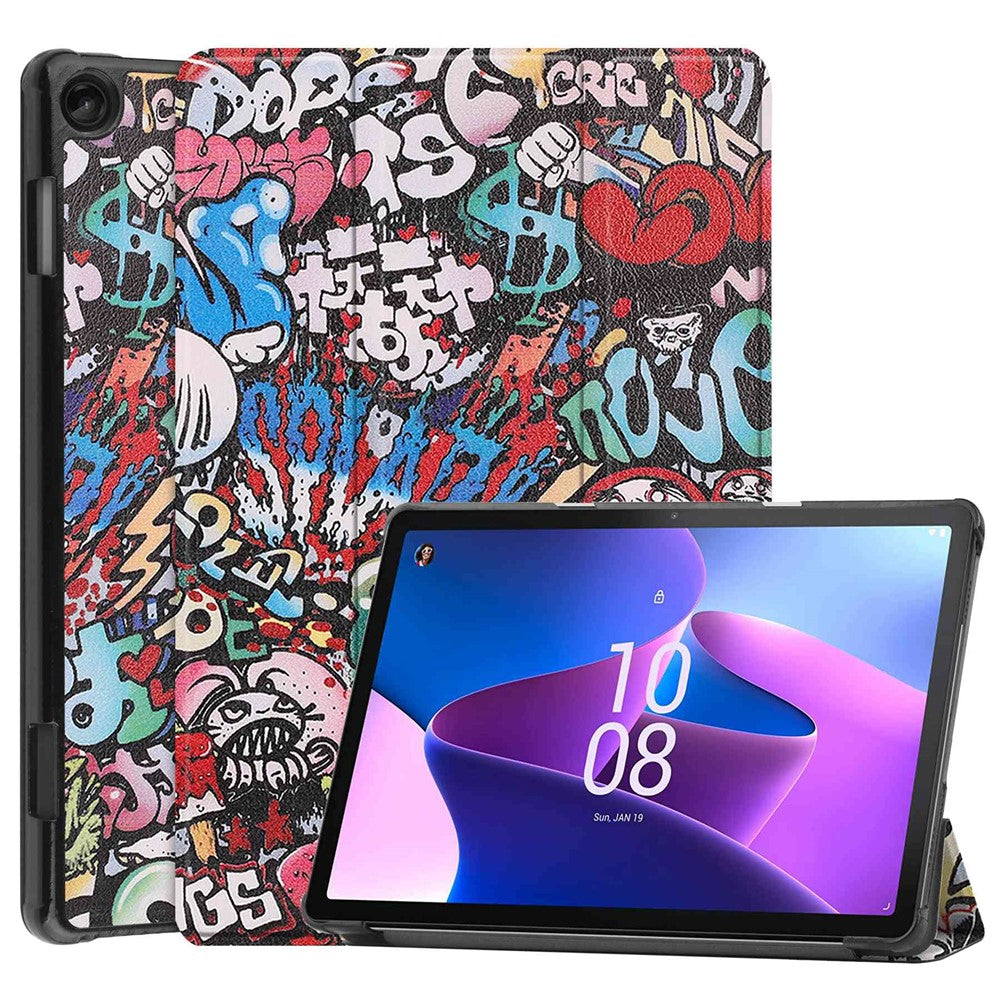 For Lenovo Tab M10 (Gen 3) TB-328FU / TB-328XU Pattern Printing Tablet Case PU Leather Trifold Stand Cover with Auto Wake / Sleep - Graffiti