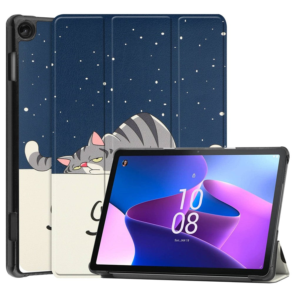For Lenovo Tab M10 (Gen 3) TB-328FU / TB-328XU Pattern Printing Tablet Case PU Leather Trifold Stand Cover with Auto Wake / Sleep - Cat
