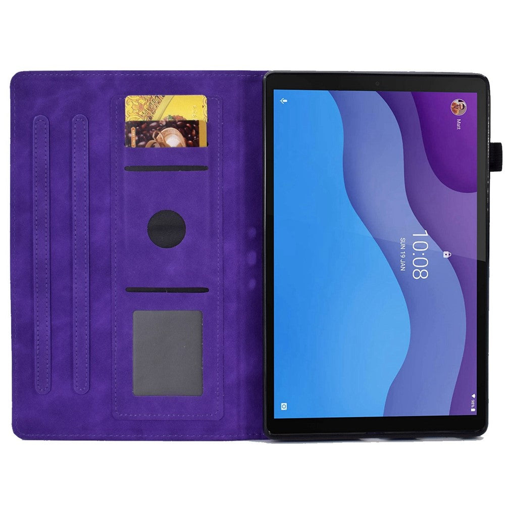 For Lenovo Tab M10 HD Gen 2 X306 10.1" PU Leather Folio Stand Case Pattern Imprinted Magnetic Clasp Smart Cover with Card Slots and Pen Holder - Purple