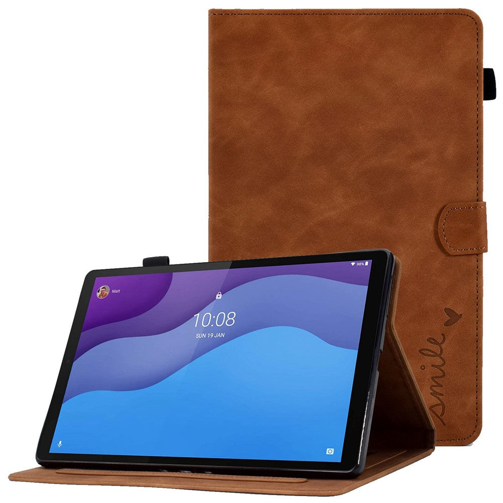 For Lenovo Tab M10 HD Gen 2 X306 10.1" PU Leather Folio Stand Case Pattern Imprinted Magnetic Clasp Smart Cover with Card Slots and Pen Holder - Brown