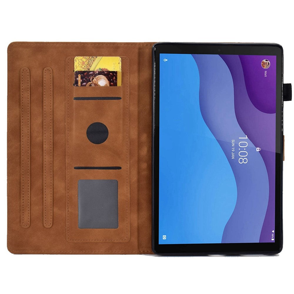 For Lenovo Tab M10 HD Gen 2 X306 10.1" PU Leather Folio Stand Case Pattern Imprinted Magnetic Clasp Smart Cover with Card Slots and Pen Holder - Brown