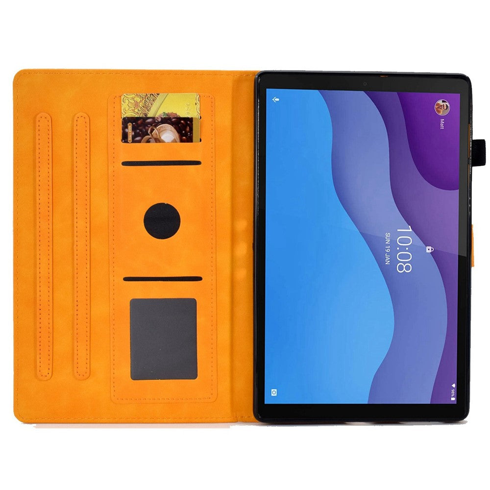 For Lenovo Tab M10 HD Gen 2 X306 10.1" PU Leather Folio Stand Case Pattern Imprinted Magnetic Clasp Smart Cover with Card Slots and Pen Holder - Orange