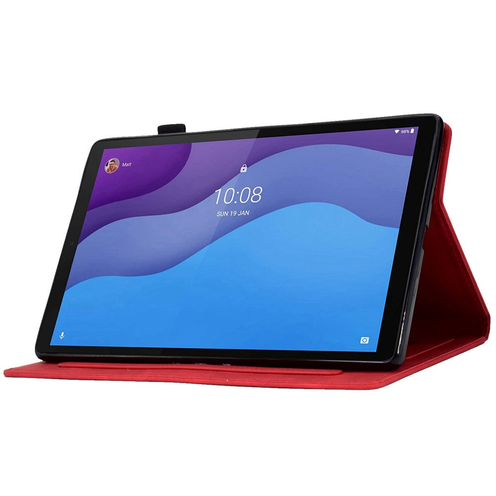 For Lenovo Tab M10 HD Gen 2 X306 10.1" PU Leather Folio Stand Case Pattern Imprinted Magnetic Clasp Smart Cover with Card Slots and Pen Holder - Red