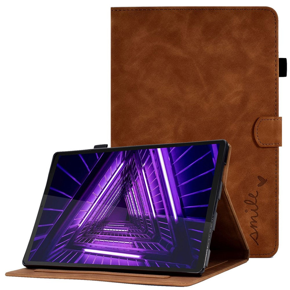 For Lenovo Tab M10 Plus Auto Sleep / Wake Up Smart Tablet Protection Cover Stand Built-in Card Slots Imprinted Pattern Leather Case - Brown