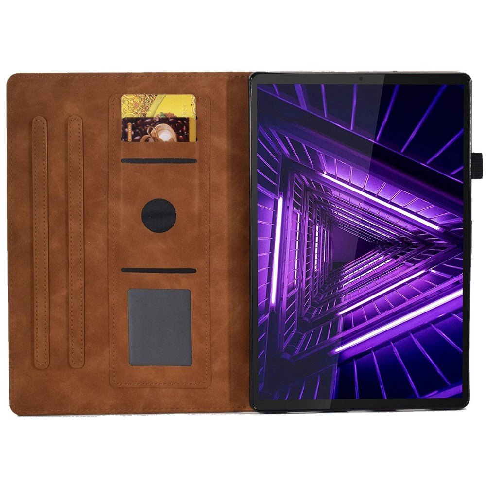 For Lenovo Tab M10 Plus Auto Sleep / Wake Up Smart Tablet Protection Cover Stand Built-in Card Slots Imprinted Pattern Leather Case - Brown