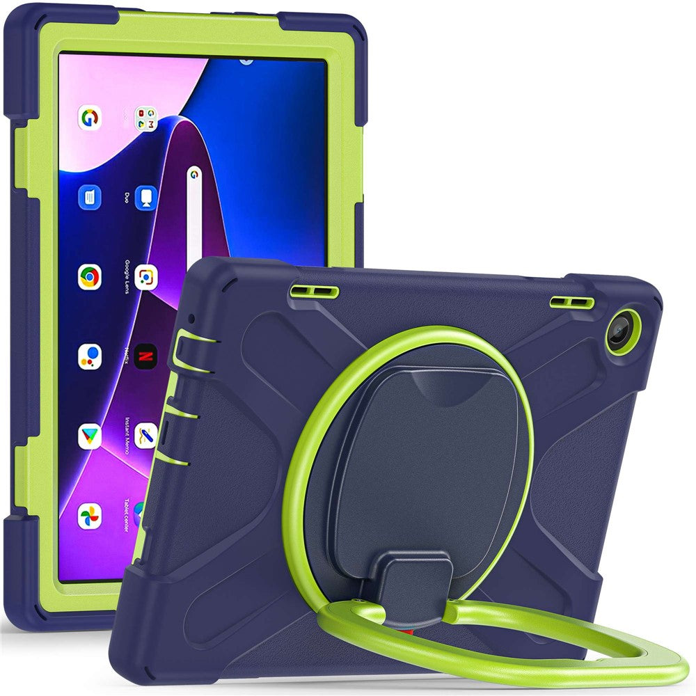For Lenovo Tab M10 (Gen 3) TB-328FU / TB-328XU PC + Silicone Tablet Case Hand Grip Rotary Kickstand Drop-proof Protective Cover - Navy Blue / Yellowgreen
