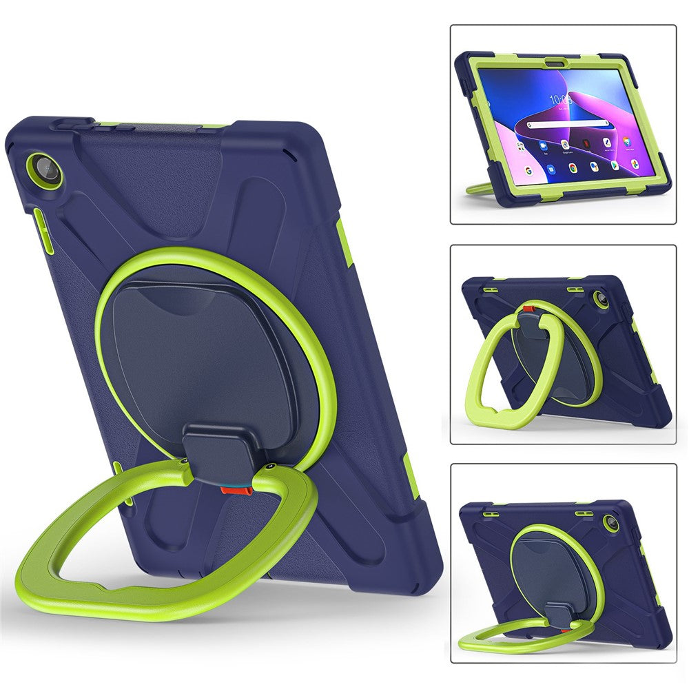 For Lenovo Tab M10 (Gen 3) TB-328FU / TB-328XU PC + Silicone Tablet Case Hand Grip Rotary Kickstand Drop-proof Protective Cover - Navy Blue / Yellowgreen