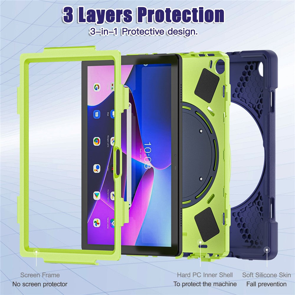 For Lenovo Tab M10 (Gen 3) TB-328FU / TB-328XU PC + Silicone Tablet Case Hand Grip Rotary Kickstand Drop-proof Protective Cover - Navy Blue / Yellowgreen