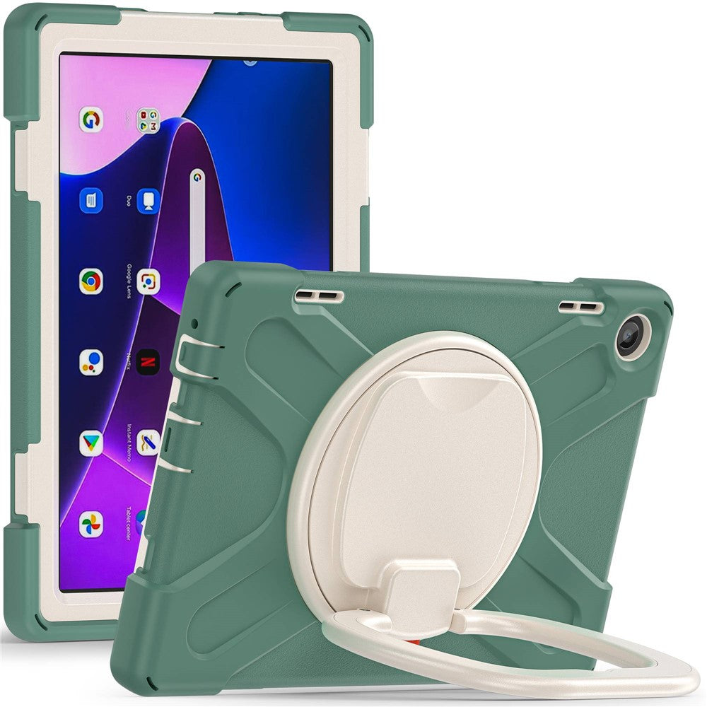 For Lenovo Tab M10 (Gen 3) TB-328FU / TB-328XU PC + Silicone Tablet Case Hand Grip Rotary Kickstand Drop-proof Protective Cover - Dark Green