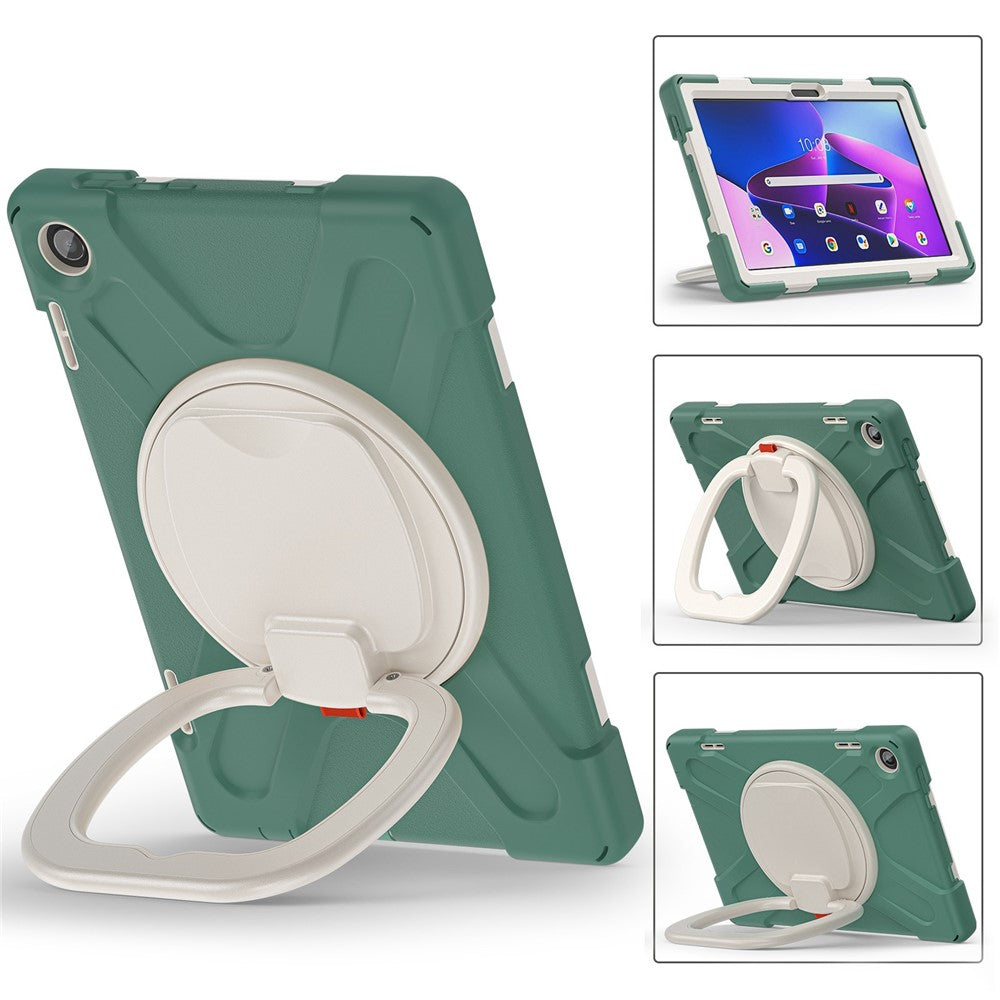 For Lenovo Tab M10 (Gen 3) TB-328FU / TB-328XU PC + Silicone Tablet Case Hand Grip Rotary Kickstand Drop-proof Protective Cover - Dark Green