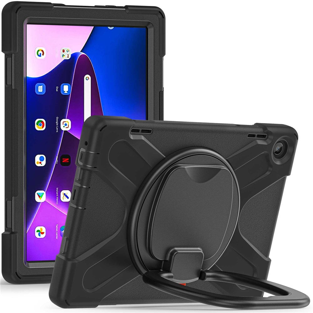 For Lenovo Tab M10 (Gen 3) TB-328FU / TB-328XU PC + Silicone Tablet Case Hand Grip Rotary Kickstand Drop-proof Protective Cover - Black