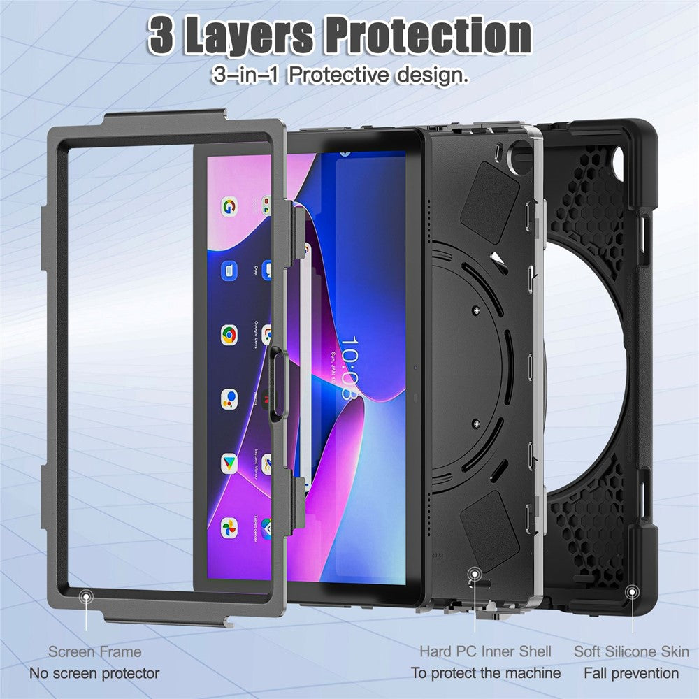 For Lenovo Tab M10 (Gen 3) TB-328FU / TB-328XU PC + Silicone Tablet Case Hand Grip Rotary Kickstand Drop-proof Protective Cover - Black