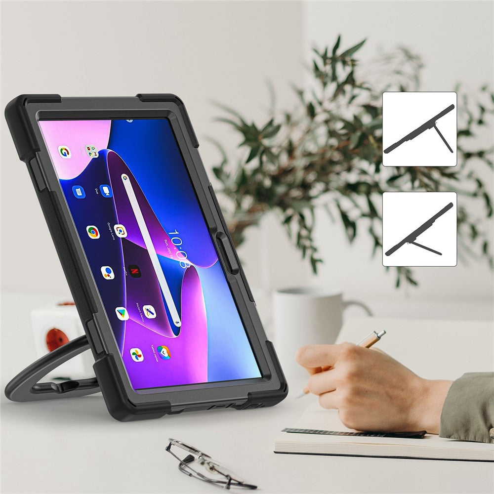 For Lenovo Tab M10 (Gen 3) TB-328FU / TB-328XU PC + Silicone Tablet Case Hand Grip Rotary Kickstand Drop-proof Protective Cover - Black