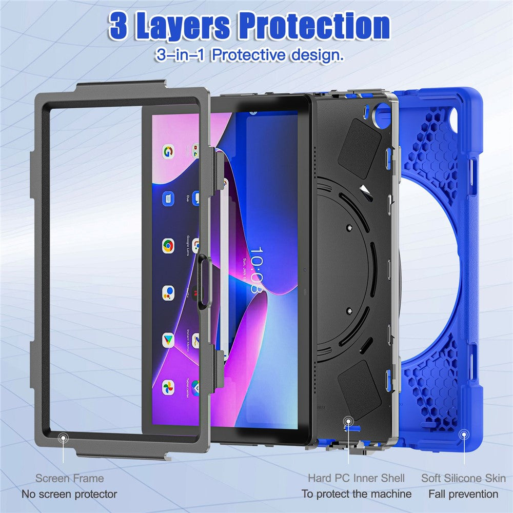For Lenovo Tab M10 (Gen 3) TB-328FU / TB-328XU PC + Silicone Tablet Case Hand Grip Rotary Kickstand Drop-proof Protective Cover - Blue
