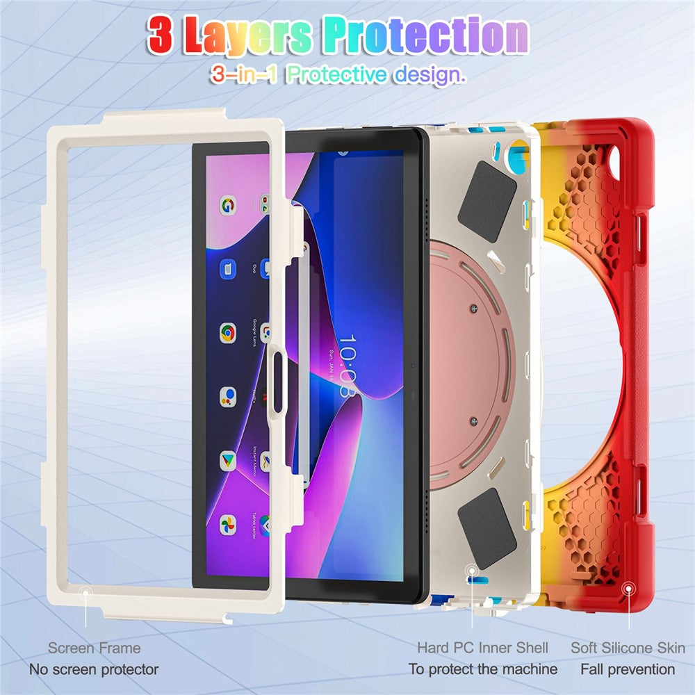 For Lenovo Tab M10 (Gen 3) TB-328FU / TB-328XU PC + Silicone Tablet Case Hand Grip Rotary Kickstand Drop-proof Protective Cover - Colorful Red