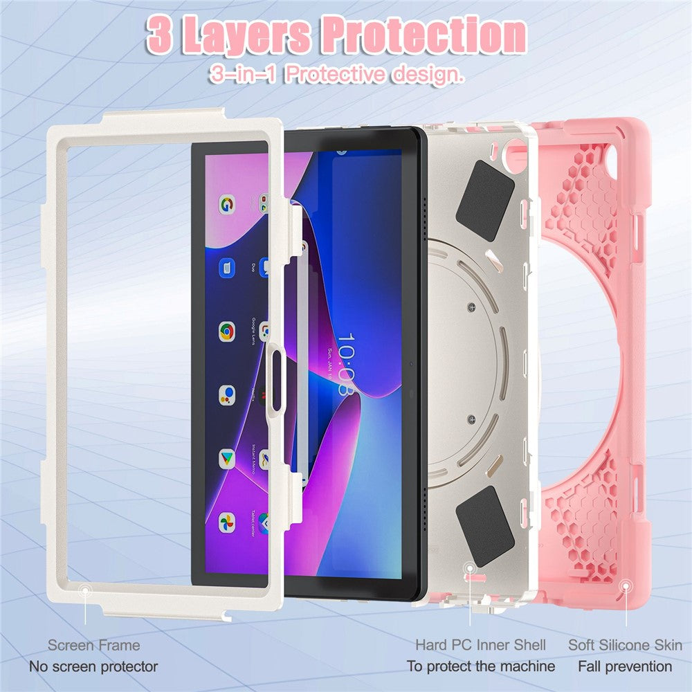 For Lenovo Tab M10 (Gen 3) TB-328FU / TB-328XU PC + Silicone Tablet Case Hand Grip Rotary Kickstand Drop-proof Protective Cover - Pink