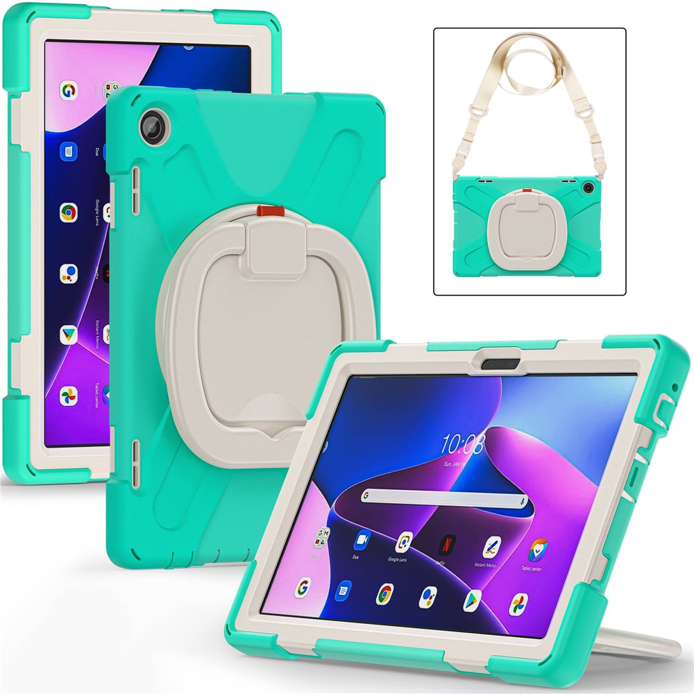 For Lenovo Tab M10 (Gen 3) TB-328FU / TB-328XU Rotary Kickstand Tablet Case PC + Silicone Anti-drop Hybrid Cover with Shoulder Strap - Mint Green