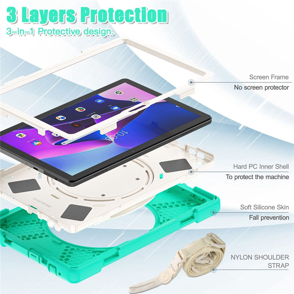 For Lenovo Tab M10 (Gen 3) TB-328FU / TB-328XU Rotary Kickstand Tablet Case PC + Silicone Anti-drop Hybrid Cover with Shoulder Strap - Mint Green