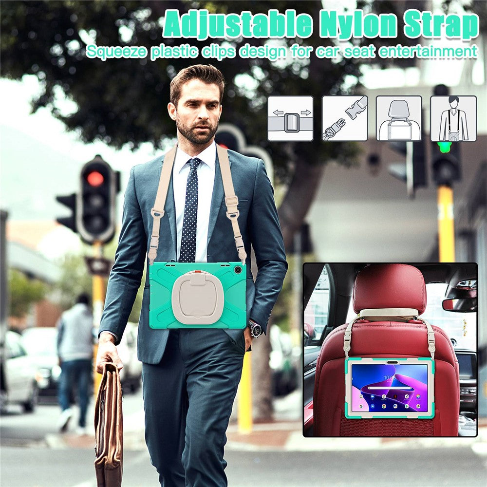 For Lenovo Tab M10 (Gen 3) TB-328FU / TB-328XU Rotary Kickstand Tablet Case PC + Silicone Anti-drop Hybrid Cover with Shoulder Strap - Mint Green