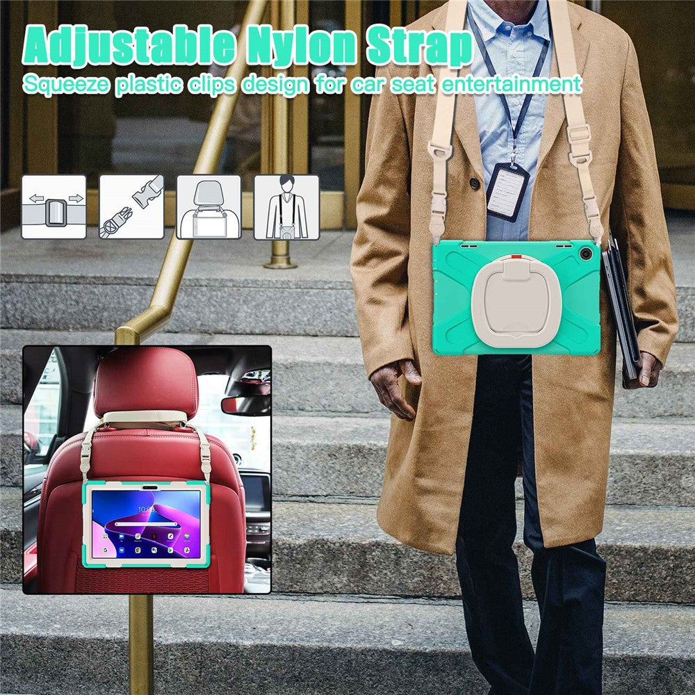 For Lenovo Tab M10 (Gen 3) TB-328FU / TB-328XU Rotary Kickstand Tablet Case PC + Silicone Anti-drop Hybrid Cover with Shoulder Strap - Mint Green