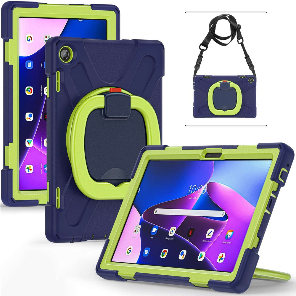 For Lenovo Tab M10 (Gen 3) TB-328FU / TB-328XU Rotary Kickstand Tablet Case PC + Silicone Anti-drop Hybrid Cover with Shoulder Strap - Navy Blue / Yellowgreen