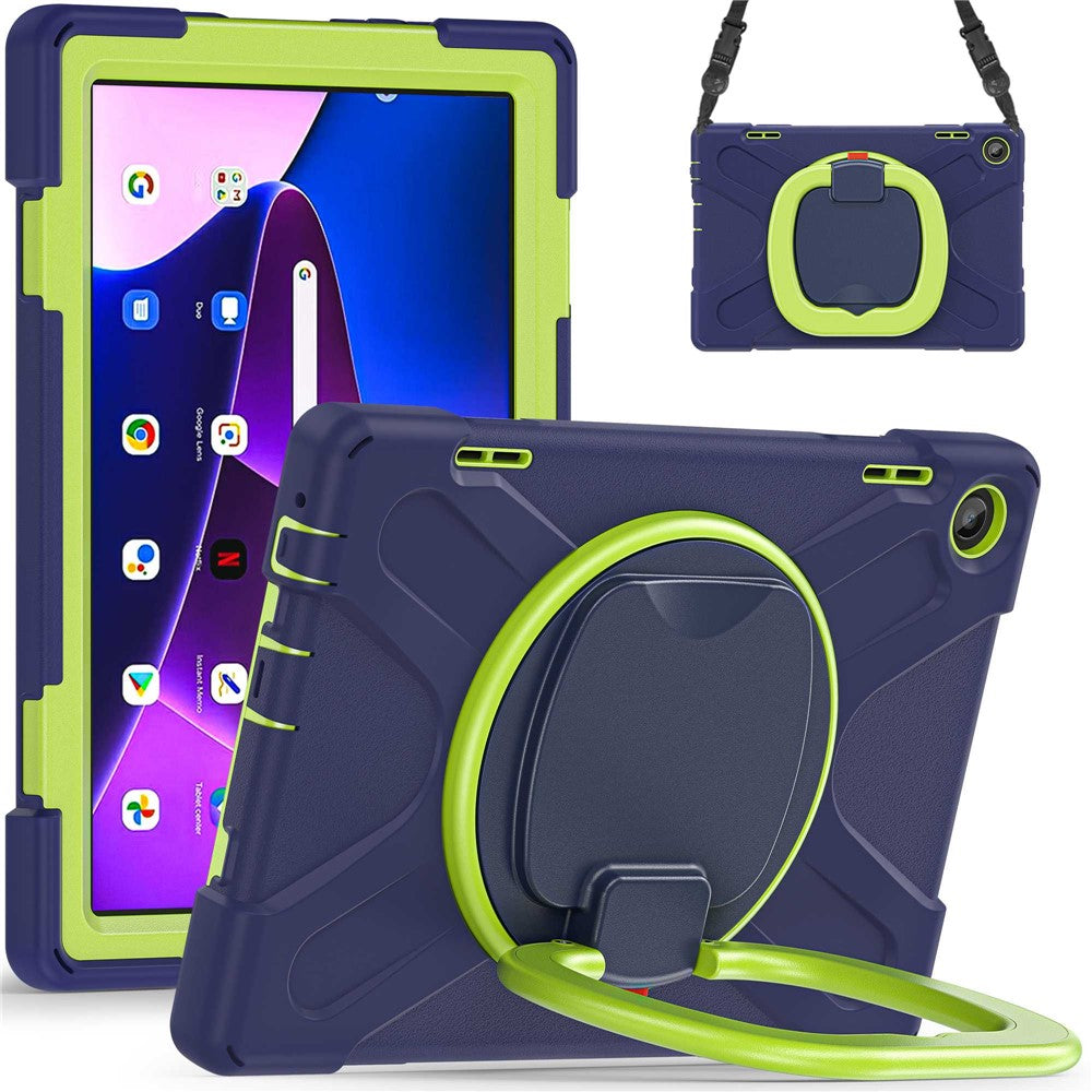 For Lenovo Tab M10 (Gen 3) TB-328FU / TB-328XU Rotary Kickstand Tablet Case PC + Silicone Anti-drop Hybrid Cover with Shoulder Strap - Navy Blue / Yellowgreen