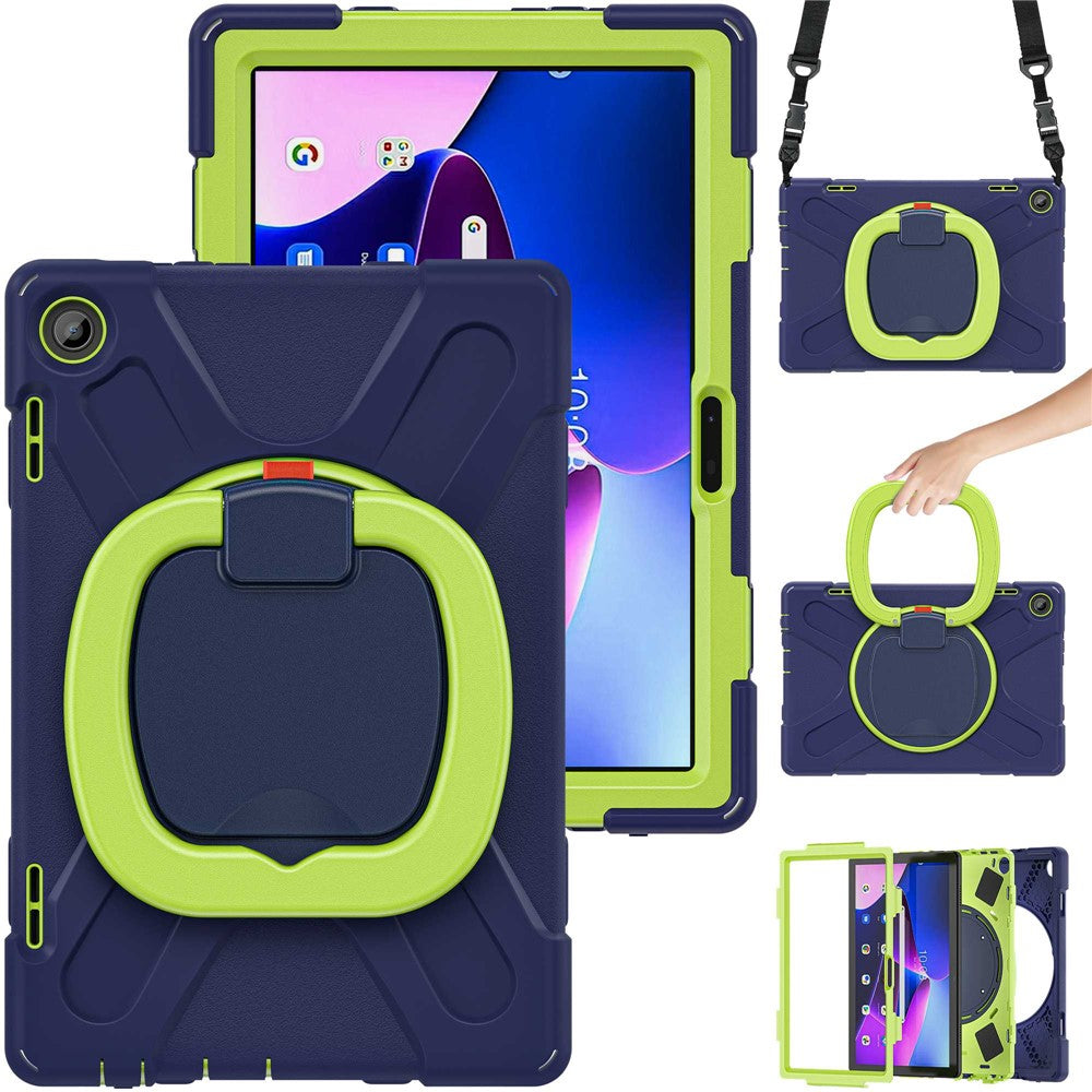 For Lenovo Tab M10 (Gen 3) TB-328FU / TB-328XU Rotary Kickstand Tablet Case PC + Silicone Anti-drop Hybrid Cover with Shoulder Strap - Navy Blue / Yellowgreen
