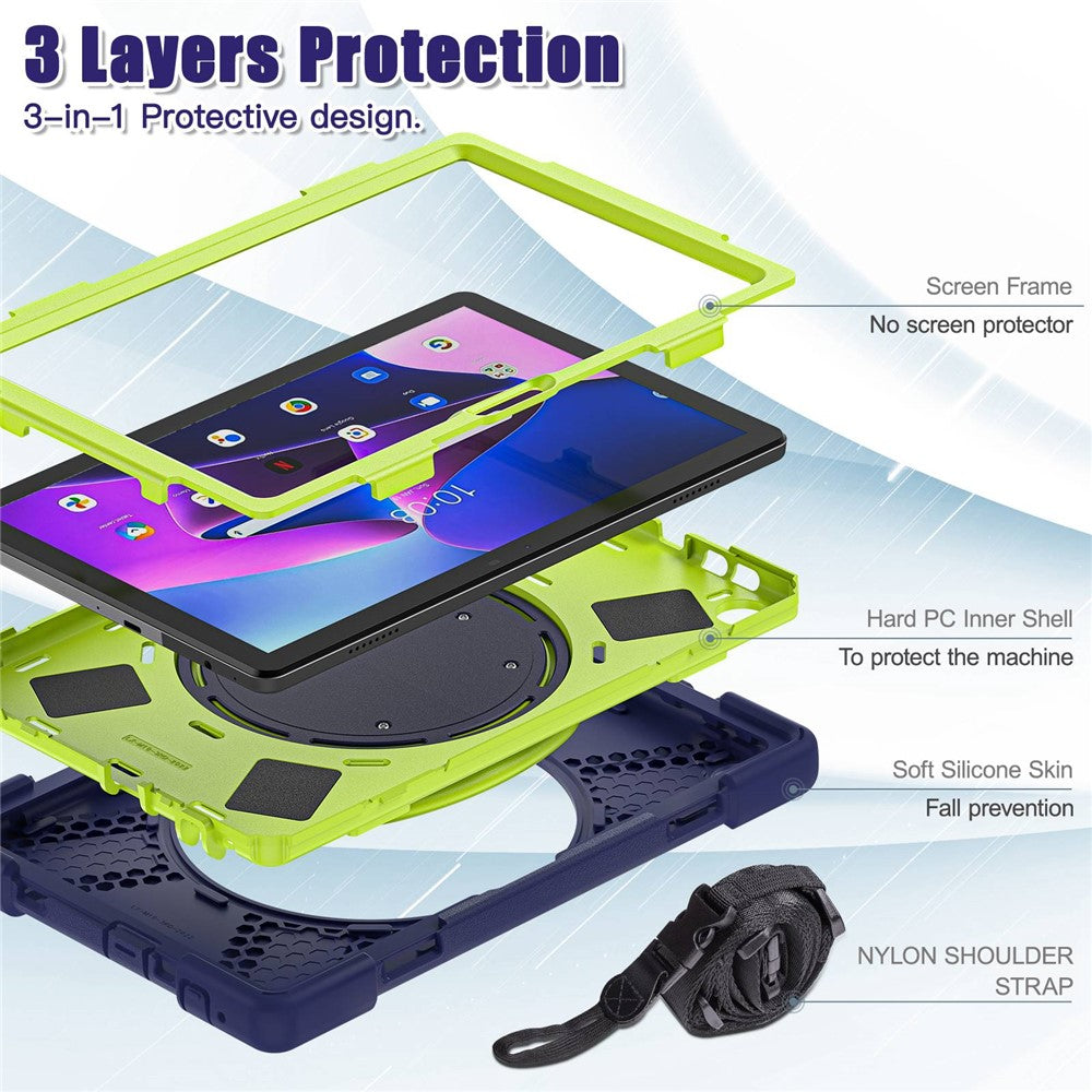 For Lenovo Tab M10 (Gen 3) TB-328FU / TB-328XU Rotary Kickstand Tablet Case PC + Silicone Anti-drop Hybrid Cover with Shoulder Strap - Navy Blue / Yellowgreen
