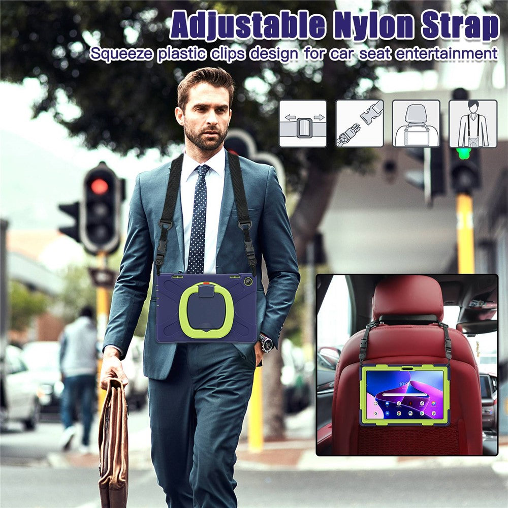 For Lenovo Tab M10 (Gen 3) TB-328FU / TB-328XU Rotary Kickstand Tablet Case PC + Silicone Anti-drop Hybrid Cover with Shoulder Strap - Navy Blue / Yellowgreen