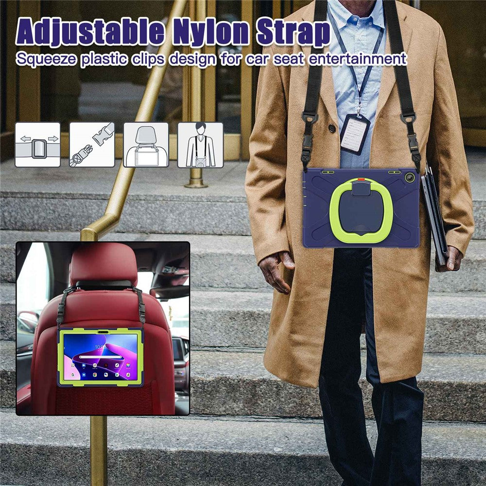 For Lenovo Tab M10 (Gen 3) TB-328FU / TB-328XU Rotary Kickstand Tablet Case PC + Silicone Anti-drop Hybrid Cover with Shoulder Strap - Navy Blue / Yellowgreen